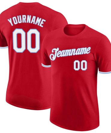 Custom Red White-Light Blue Performance T-Shirt, For Football, Baseball, Hockey, Basketball, Softball & Rugby Fans