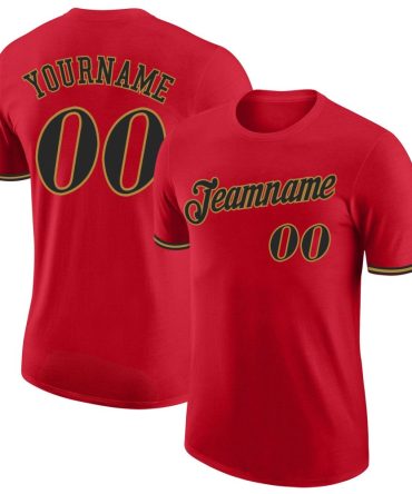 Custom Red Black-Old Gold Performance T-Shirt, For Football, Baseball, Hockey, Basketball, Softball & Rugby Fans