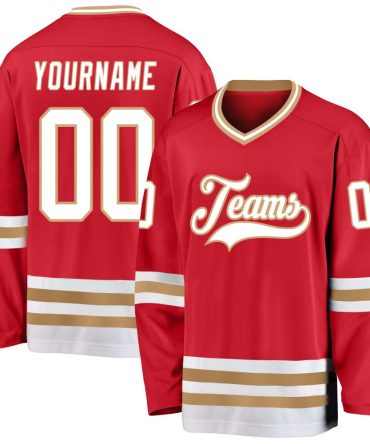 Custom Red White-Old Gold Hockey Jersey, Gift For Hockey Fans