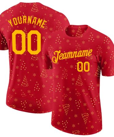 Custom Red Gold Christmas 3D Performance T-Shirt, For Football, Baseball, Hockey, Basketball, Softball & Rugby Fans