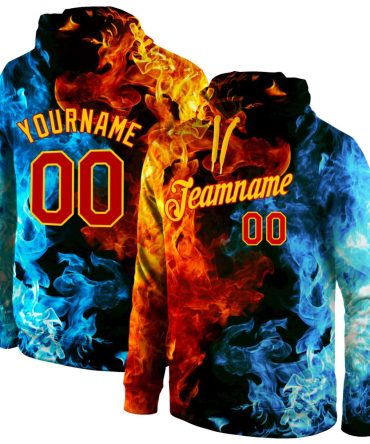Custom Red Red-Gold 3D Pattern Design Flame Sports Pullover Sweatshirt Hoodie, Gift For Football, Baseball, Hockey, Basketball, Softball & Rugby Fans