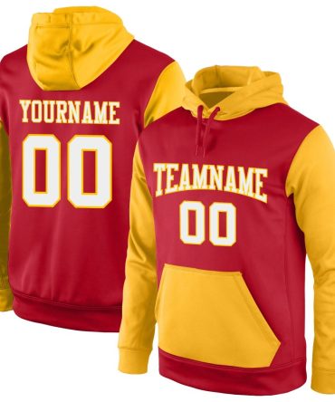 Custom Red White-Gold Sports Pullover Sweatshirt Hoodie, Gift For Football, Baseball, Hockey, Basketball, Softball & Rugby Fans