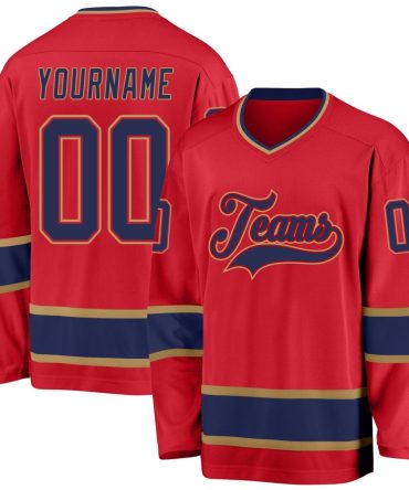 Custom Red Navy-Old Gold Hockey Jersey, Gift For Hockey Fans