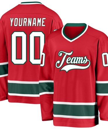 Custom Red White-Green Hockey Jersey, Gift For Hockey Fans