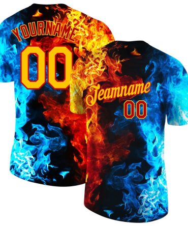 Custom Red Gold-Red 3D Pattern Design Flame Performance T-Shirt, For Football, Baseball, Hockey, Basketball, Softball & Rugby Fans