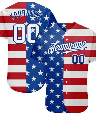 Custom Royal White-Red American Flag Fashion Baseball Jersey, Gift For Baseball Fans