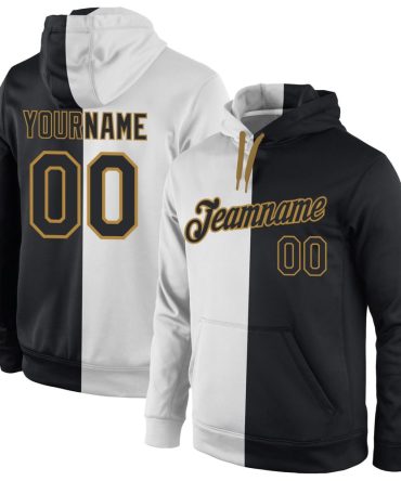 Custom White Black-Old Gold Split Fashion Sports Pullover Sweatshirt Hoodie, Gift For Football, Baseball, Hockey, Basketball, Softball & Rugby Fans