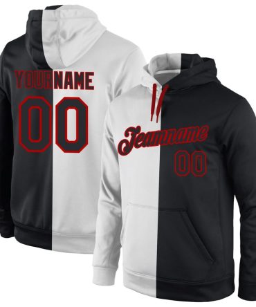 Custom White Black-Red Split Fashion Sports Pullover Sweatshirt Hoodie, Gift For Football, Baseball, Hockey, Basketball, Softball & Rugby Fans