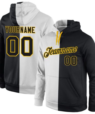 Custom White Black-Gold Split Fashion Sports Pullover Sweatshirt Hoodie, Gift For Football, Baseball, Hockey, Basketball, Softball & Rugby Fans