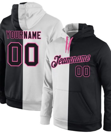 Custom White Black-Pink Split Fashion Sports Pullover Sweatshirt Hoodie, Gift For Football, Baseball, Hockey, Basketball, Softball & Rugby Fans
