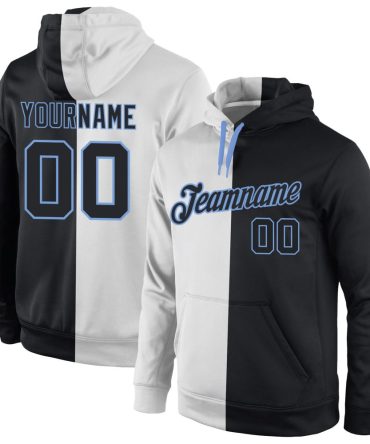 Custom White Black-Light Blue Split Fashion Sports Pullover Sweatshirt Hoodie, Gift For Football, Baseball, Hockey, Basketball, Softball & Rugby Fans