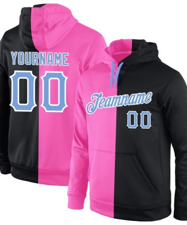 Custom Pink Light Blue-Black Split Fashion Sports Pullover Sweatshirt Hoodie, Gift For Football, Baseball, Hockey, Basketball, Softball & Rugby Fans