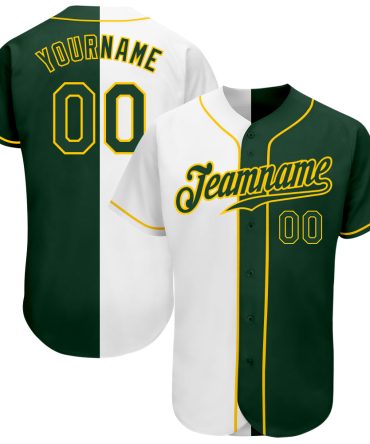Custom White Green-Gold Split Fashion Baseball Jersey, Gift For Baseball Fans