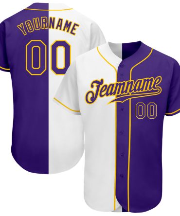 Custom White Purple-Gold Split Fashion Baseball Jersey, Gift For Baseball Fans