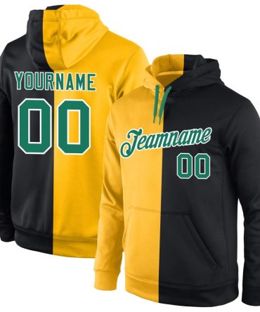 Custom Gold Kelly Green-Black Split Fashion Sports Pullover Sweatshirt Hoodie, Gift For Football, Baseball, Hockey, Basketball, Softball & Rugby Fans