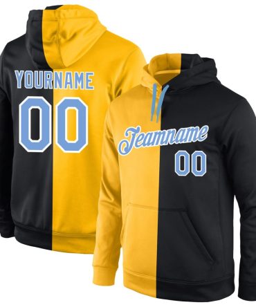 Custom Gold Light Blue-Black Split Fashion Sports Pullover Sweatshirt Hoodie, Gift For Football, Baseball, Hockey, Basketball, Softball & Rugby Fans