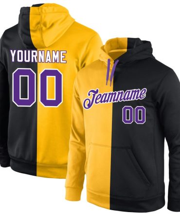 Custom Gold Purple-Black Split Fashion Sports Pullover Sweatshirt Hoodie, Gift For Football, Baseball, Hockey, Basketball, Softball & Rugby Fans