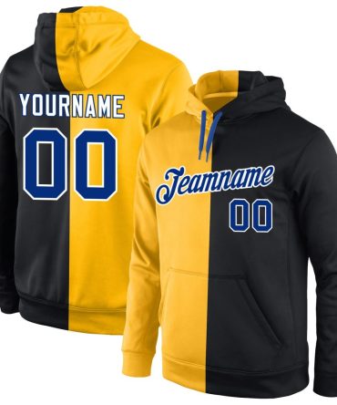 Custom Gold Royal-Black Split Fashion Sports Pullover Sweatshirt Hoodie, Gift For Football, Baseball, Hockey, Basketball, Softball & Rugby Fans