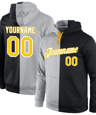 Custom Gray Gold-Black Split Fashion Sports Pullover Sweatshirt Hoodie, Gift For Football, Baseball, Hockey, Basketball, Softball & Rugby Fans
