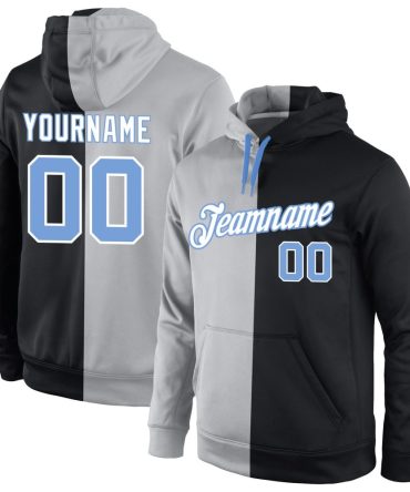 Custom Gray Light Blue-Black Split Fashion Sports Pullover Sweatshirt Hoodie, Gift For Football, Baseball, Hockey, Basketball, Softball & Rugby Fans