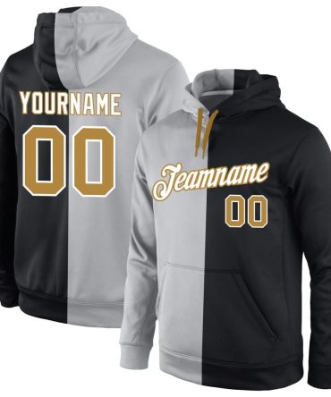 Custom Gray Old Gold-Black Split Fashion Sports Pullover Sweatshirt Hoodie, Gift For Football, Baseball, Hockey, Basketball, Softball & Rugby Fans