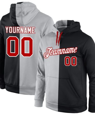 Custom Gray Red-Black Split Fashion Sports Pullover Sweatshirt Hoodie, Gift For Football, Baseball, Hockey, Basketball, Softball & Rugby Fans