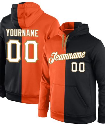 Custom Orange White-Black Split Fashion Sports Pullover Sweatshirt Hoodie, Gift For Football, Baseball, Hockey, Basketball, Softball & Rugby Fans