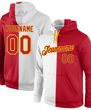 Custom White Red-Gold Split Fashion Sports Pullover Sweatshirt Hoodie, Gift For Football, Baseball, Hockey, Basketball, Softball & Rugby Fans