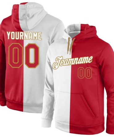 Custom White Red-Old Gold Split Fashion Sports Pullover Sweatshirt Hoodie, Gift For Football, Baseball, Hockey, Basketball, Softball & Rugby Fans