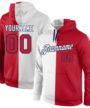 Custom White Red-Navy Split Fashion Sports Pullover Sweatshirt Hoodie, Gift For Football, Baseball, Hockey, Basketball, Softball & Rugby Fans