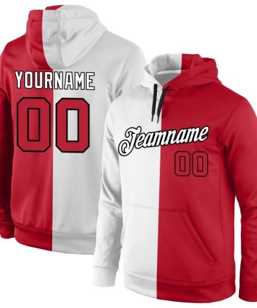 Custom White Red-Black Split Fashion Sports Pullover Sweatshirt Hoodie, Gift For Football, Baseball, Hockey, Basketball, Softball & Rugby Fans