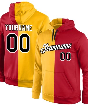 Custom Gold Black-Red Split Fashion Sports Pullover Sweatshirt Hoodie, Gift For Football, Baseball, Hockey, Basketball, Softball & Rugby Fans