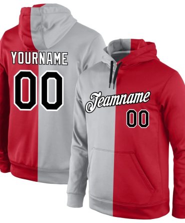 Custom Gray Black-Red Split Fashion Sports Pullover Sweatshirt Hoodie, Gift For Football, Baseball, Hockey, Basketball, Softball & Rugby Fans