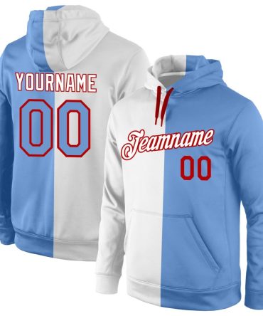 Custom White Light Blue-Red Split Fashion Sports Pullover Sweatshirt Hoodie, Gift For Football, Baseball, Hockey, Basketball, Softball & Rugby Fans