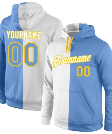 Custom White Light Blue-Gold Split Fashion Sports Pullover Sweatshirt Hoodie, Gift For Football, Baseball, Hockey, Basketball, Softball & Rugby Fans