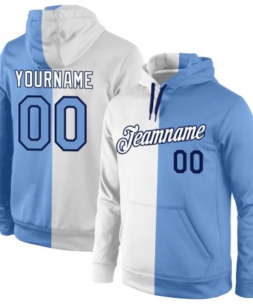 Custom White Light Blue-Navy Split Fashion Sports Pullover Sweatshirt Hoodie, Gift For Football, Baseball, Hockey, Basketball, Softball & Rugby Fans