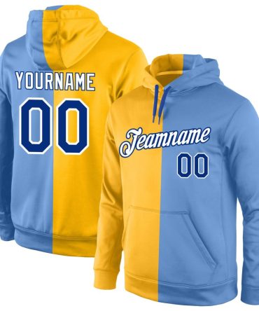 Custom Gold Royal-Light Blue Split Fashion Sports Pullover Sweatshirt Hoodie, Gift For Football, Baseball, Hockey, Basketball, Softball & Rugby Fans