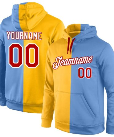 Custom Gold Red-Light Blue Split Fashion Sports Pullover Sweatshirt Hoodie, Gift For Football, Baseball, Hockey, Basketball, Softball & Rugby Fans