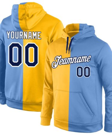 Custom Gold Navy-Light Blue Split Fashion Sports Pullover Sweatshirt Hoodie, Gift For Football, Baseball, Hockey, Basketball, Softball & Rugby Fans