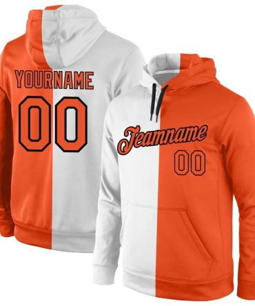 Custom White Orange-Black Split Fashion Sports Pullover Sweatshirt Hoodie, Gift For Football, Baseball, Hockey, Basketball, Softball & Rugby Fans