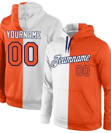 Custom White Orange-Navy Split Fashion Sports Pullover Sweatshirt Hoodie, Gift For Football, Baseball, Hockey, Basketball, Softball & Rugby Fans