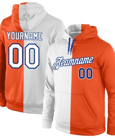 Custom Orange White-Royal Split Fashion Sports Pullover Sweatshirt Hoodie, Gift For Football, Baseball, Hockey, Basketball, Softball & Rugby Fans