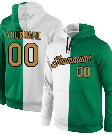 Custom White Old Gold-Kelly Green Split Fashion Sports Pullover Sweatshirt Hoodie, Gift For Football, Baseball, Hockey, Basketball, Softball & Rugby Fans