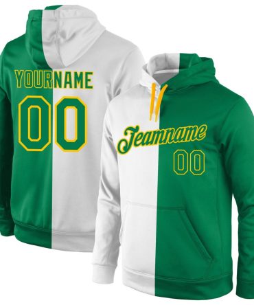 Custom White Kelly Green-Gold Split Fashion Sports Pullover Sweatshirt Hoodie, Gift For Football, Baseball, Hockey, Basketball, Softball & Rugby Fans