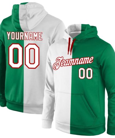 Custom Kelly Green White-Red Split Fashion Sports Pullover Sweatshirt Hoodie, Gift For Football, Baseball, Hockey, Basketball, Softball & Rugby Fans