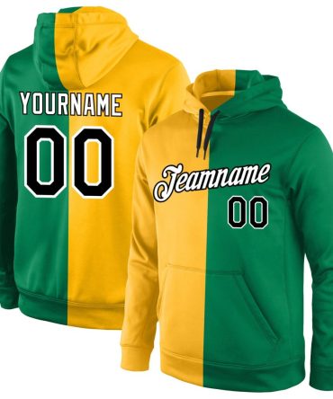 Custom Gold Black-Kelly Green Split Fashion Sports Pullover Sweatshirt Hoodie, Gift For Football, Baseball, Hockey, Basketball, Softball & Rugby Fans