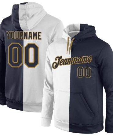 Custom White Navy-Old Gold Split Fashion Sports Pullover Sweatshirt Hoodie, Gift For Football, Baseball, Hockey, Basketball, Softball & Rugby Fans