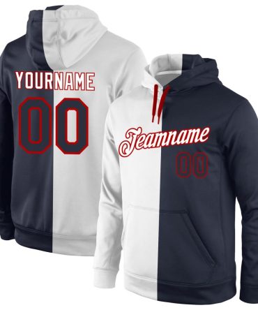 Custom White Navy-Red Split Fashion Sports Pullover Sweatshirt Hoodie, Gift For Football, Baseball, Hockey, Basketball, Softball & Rugby Fans