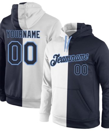Custom White Navy-Light Blue Split Fashion Sports Pullover Sweatshirt Hoodie, Gift For Football, Baseball, Hockey, Basketball, Softball & Rugby Fans