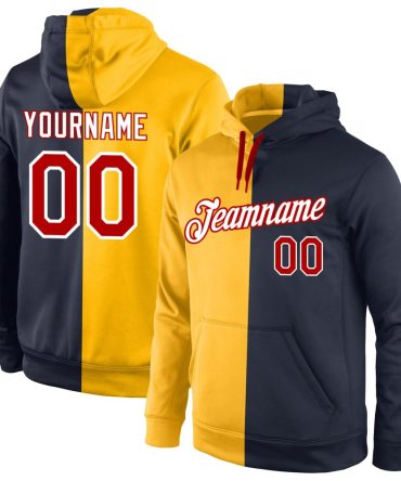 Custom Gold Red-Navy Split Fashion Sports Pullover Sweatshirt Hoodie, Gift For Football, Baseball, Hockey, Basketball, Softball & Rugby Fans